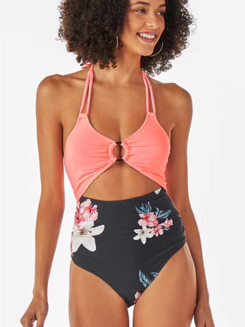 Cupshe Floral Cutout One Piece Swimsuit Neon Coral Tropical Swimwear M NWT